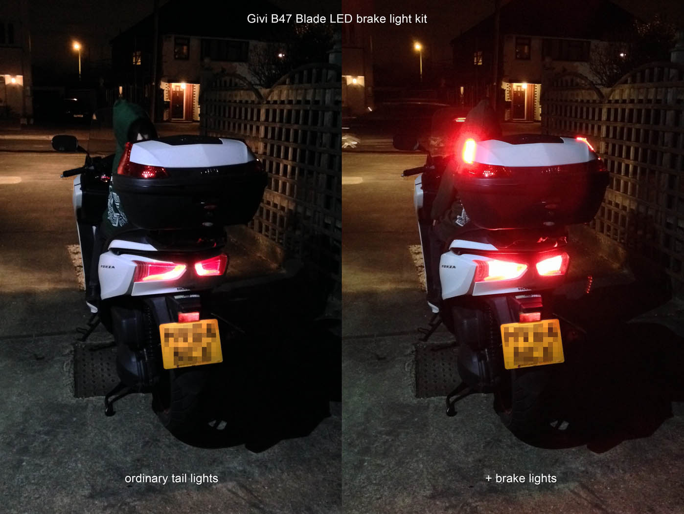 Slight angle showing how the side mounting position of the Givi brake lights means that you can easily lose sight of one of them.